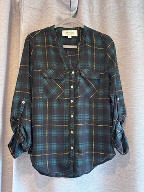 Alice&Blue Stitchfix Plaid Button-Up Shirt - Teal & Yellow